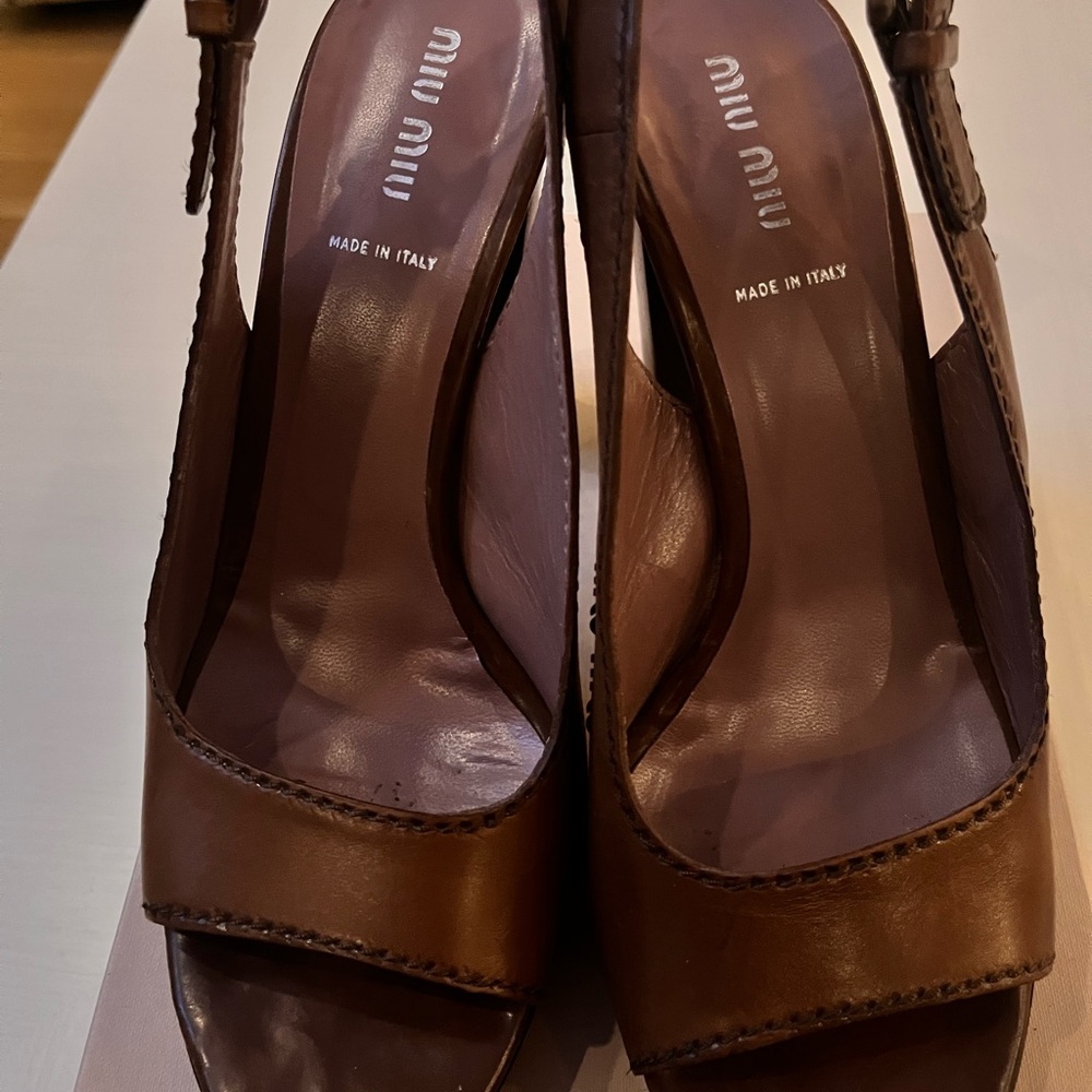 Miu Miu Platform Open Toe Slingback Brown Leather… - image 2